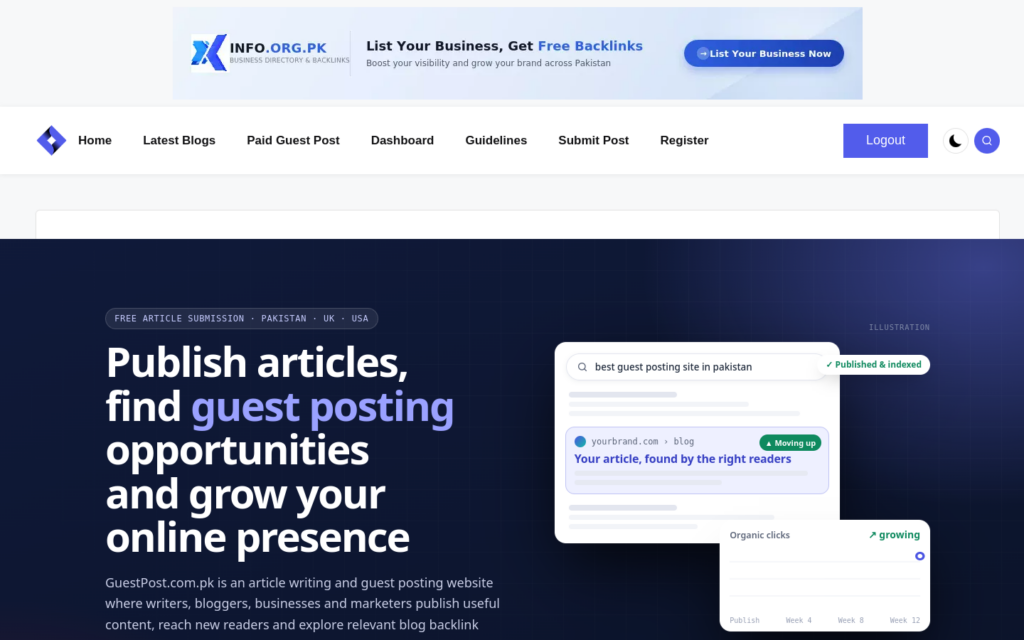 Screenshot of the guestpost.com.pk homepage