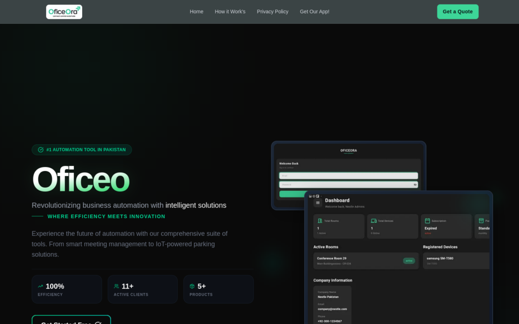 Screenshot of the oficeora.com homepage
